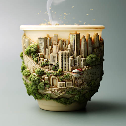 miniature metropolis rising amidst lush greenery and industrial textures in ceramic relief
