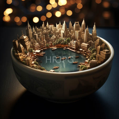 new york city silhouettes reflected in urban pool water with miniature harbor vessels