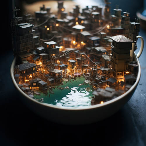 deep green tinted water reflects on dark pitched roofs in a pristine ceramic vessel