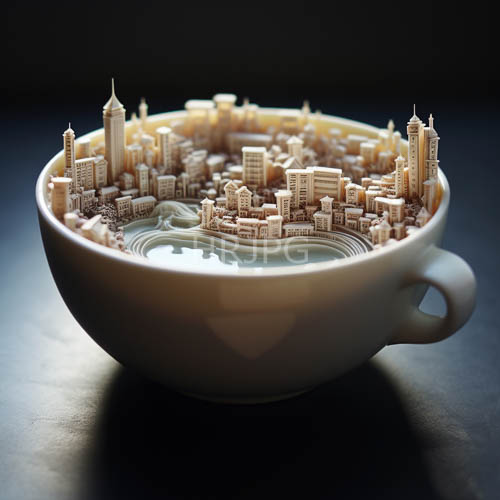 ceramic basin cityscape muted earthy beige skyscrapers surrounding tranquil glassy water
