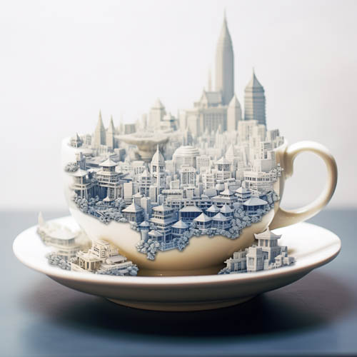 built up skyscrapers blur into porcelain canvas of bluegray pigments and geometric silhouettes