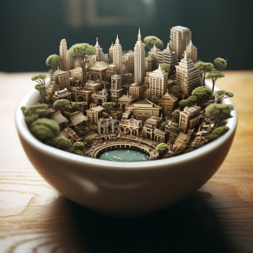 High Resolution: Miniature Cityscape Unfolds Within Confined White Ceramic Bowl download. | HRJPG.com