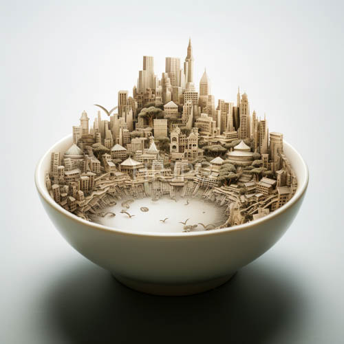 skyline defined architectures in ceramic vessel dappled light on porcelain rim jagged silhouettes