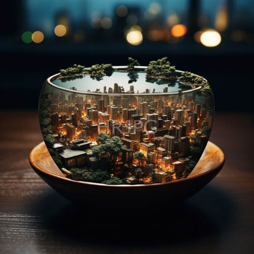 amber glow illuminates miniature cityscapes on mossy wooden platforms with peripheral bokeh lights