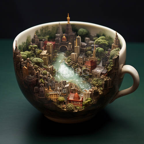 miniature metropolis within ceramic vessel cradles tranquil morning atmosphere