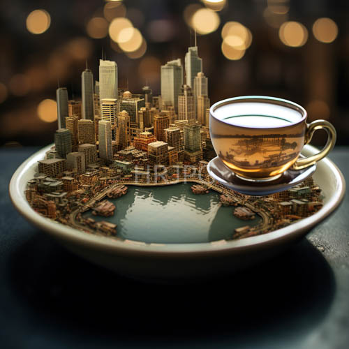 paved landscapes on miniature steel skyscrapers casting shadows over liquid harbor basins with amber tea glows