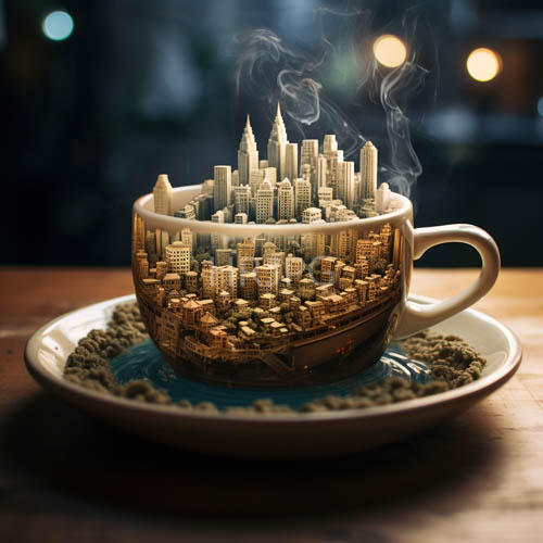 ceramic vessel sits poised upon matching saucer supporting miniature metropolis