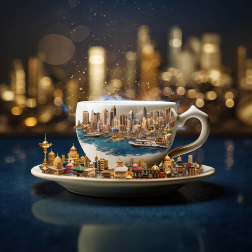 High Resolution: Snowwhite Teacup and Saucer Showcases Urban Cityscape in Monochromatic Precision download. | HRJPG.com