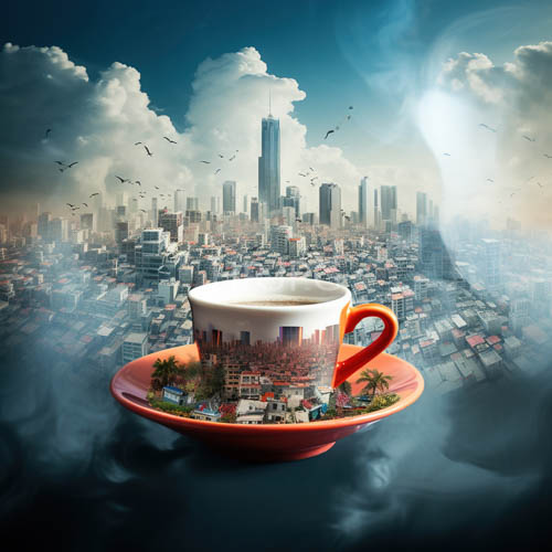 orange ceramics reflect metropolitan sunrise urban cityscape morning tabletop