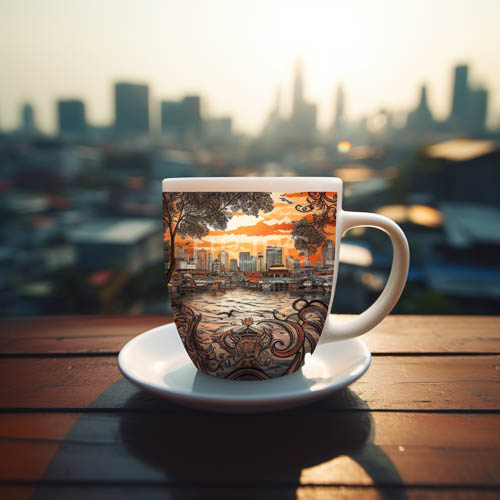 sunlit wooden slat shadows dance behind burnt orange floral mugs in morning room