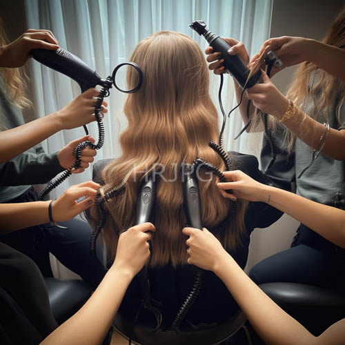 hairdressers wielding black hair dryers in unison style brown hair in clinical salon settings