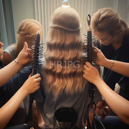 cascading waves unfold amidst ambient radiance in a meticulous hairstyling session