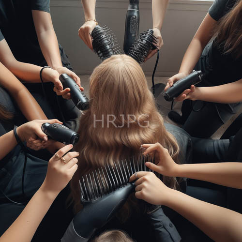 High Resolution: Multifaceted hairstyling expertise converges in precise synchronized motion amidst sleek monochromatic uniforms download. | HRJPG.com