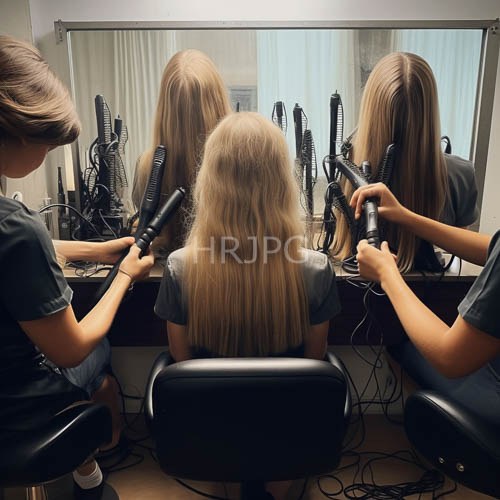 blonde locks transformed by synchronized curling irons in ebony salon chairs