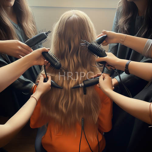 women surrounded by hands holding matte black hairbrushes in symmetrical arrangements around cascading wavy blonde tresses