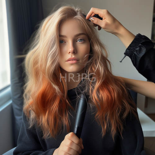 morninglight illuminates a stylists hand as it meticulously crafts ombre hair with a sleek black curling iron