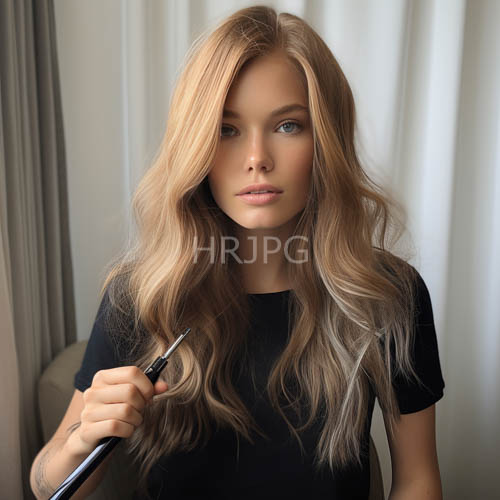blonde hair encircles contemplative figure in intense focus amidst minimalist backdrop