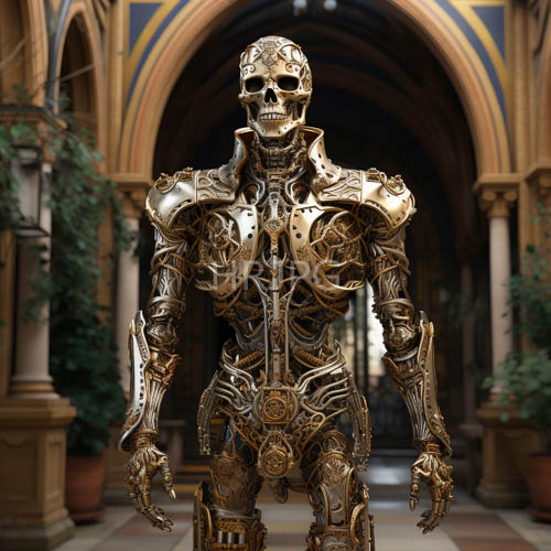 High Resolution: Elegant Automaton Amidst Gothic Vaulted Corridor with Ambient Light Reflections download. | HRJPG.com