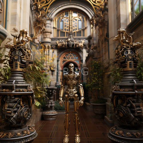 sacred sanctuary confronts unexpected metallic presence amidst kaleidoscopic hues and polished stone