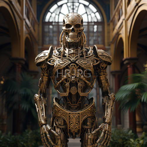 sunlit mechanical skeleton stands amidst palm fronds in grand atrium setting