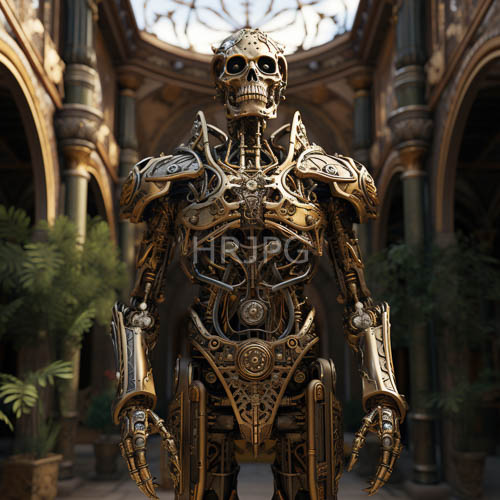 richly ornamented automaton dominates ornate architectural courtyard with polished metallic silhouette
