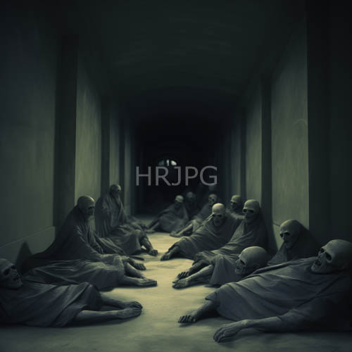 monochromatic corridor of ritualistic posture in gloomenveloped hallway