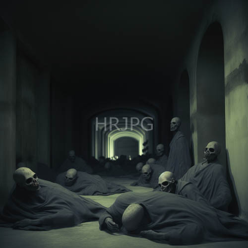 ancient corridor decay unfolds in shadows of arched monastic ruins beneath faint luminescence