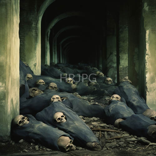 subterranean corridor underlies ancient human remains entombed in indigo fabric amidst jagged rubble