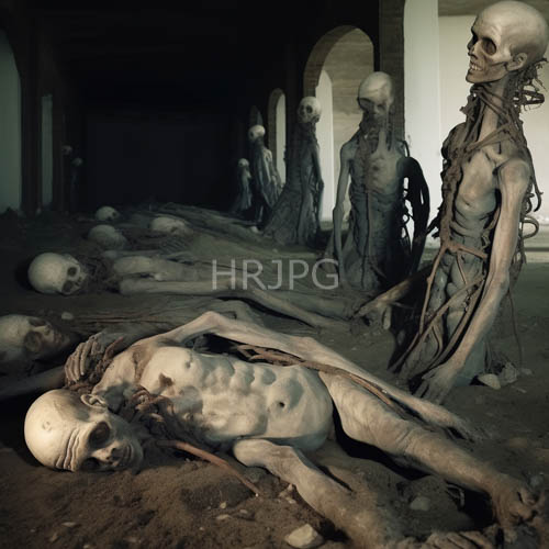subterranean decay unfolds within grim expanse of fossilized relics and skeletal remains
