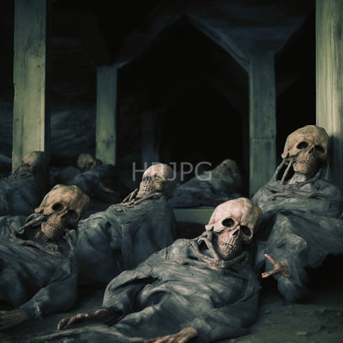 forgotten vault containing weathered craniums in a claustrophobic wooden alcove