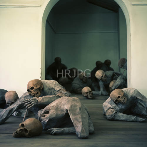 human skeletons in weathered wooden floorboards with monochromatic narratives