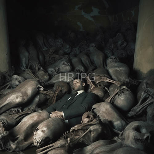men in dark green suits recline among subterranean caverns and prone seals