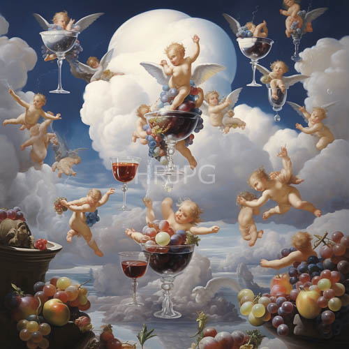 celestial figures frolic amidst cumulus clouds in a nocturnal celebration of natures bounty