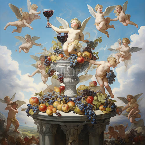 classical composition of celestial cherubs amidst an abundant harvest of tactile textures