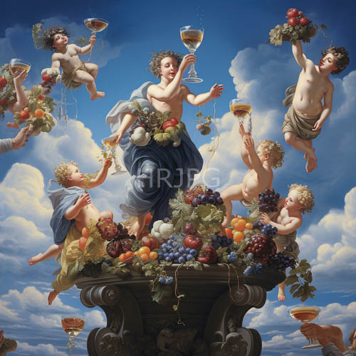 immaterial cherubic figures drift amidst soft diffused light in neoclassical stone pedestal setting