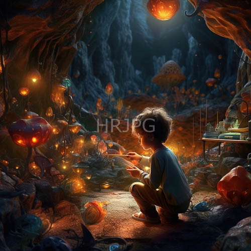 child amidst bioluminescent mushrooms in cavernous sanctuary with roughhewn stone walls