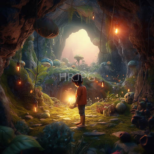 ancient grottos luminous wonder with focal point of youthful vitality amidst jagged stalactites