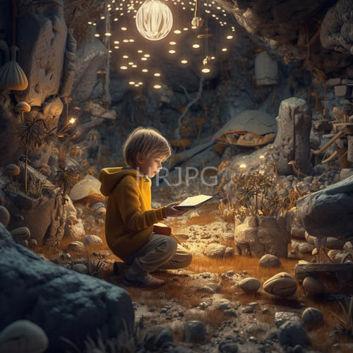 youthful figures in beige attire amidst cavernous rock formations under suspended fairy lights