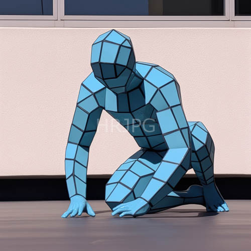 sunlit gallery floors cast long shadows behind azurehued tile sculptures bridged by kneeling human silhouettes in contemplative geometric tile constructions