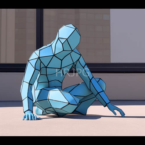 hushed concrete slab supports fragile kaleidoscopic humanoid form amidst beige brickwork