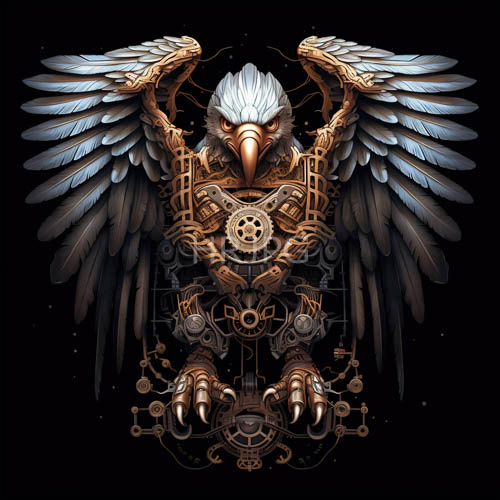 avian figure in stark white and muted gray plumage with industrial complexity