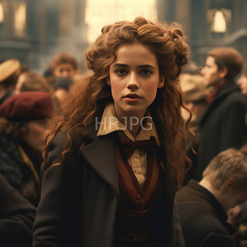 young woman in victorian attire amidst bustling indoor market atmosphere