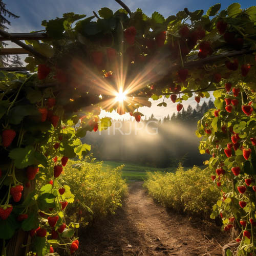 High Resolution: Strawberry Patch Illuminated by Gleaming Hourlight in Dense Canopy Setting download. | HRJPG.com