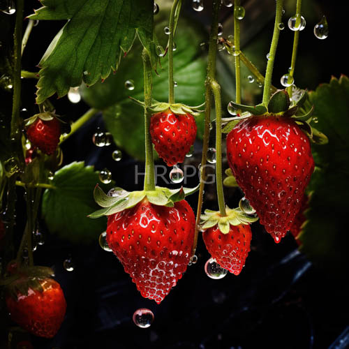 scarlet strawberries dangle from slender green stems in morning dewy light