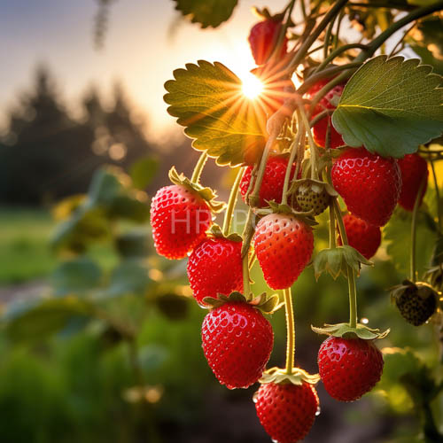 High Resolution: Fleeting Honey Light Illuminates Verdant Strawberry Clusters Amidst Foliage download. | HRJPG.com