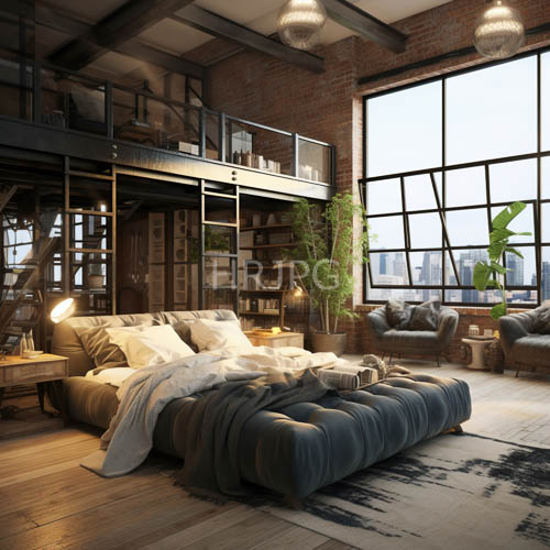 loft bedroom space combines weathered brickwork with aged wooden beams and floortoceiling windows