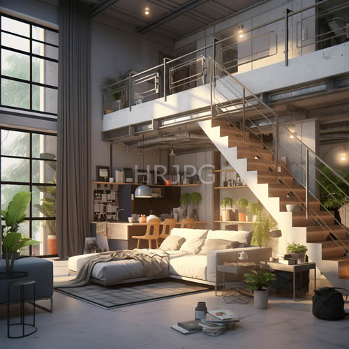exposed concrete beams meet wooden shelving in a contemporary urban loft
