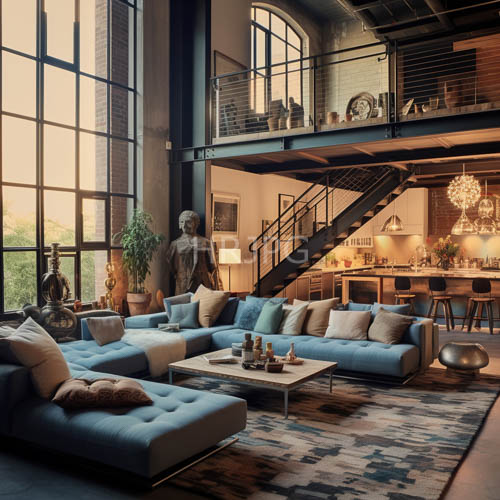 engineered living space transformed by grand arched windows and deepblue tufted sectional