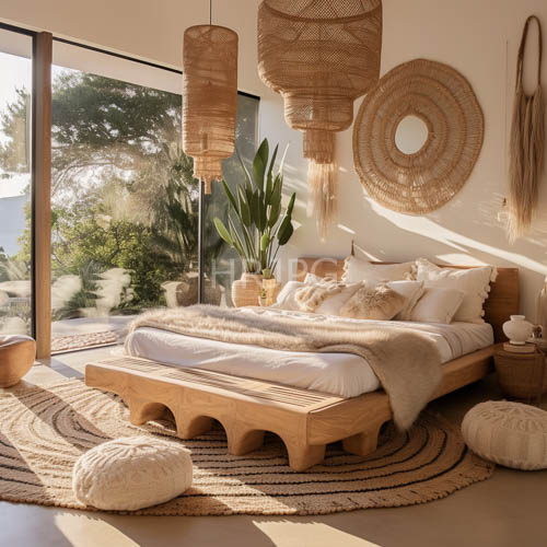 morning light pours through expansive glass panes in serene natural wooden textured bedroom architecture