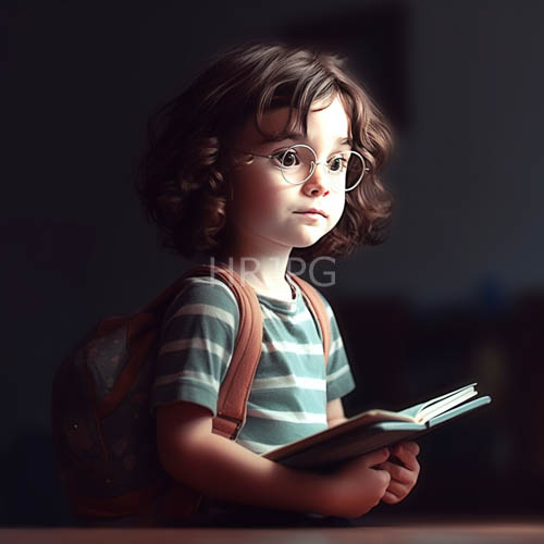 youthful face framed by chestnut tresses amidst ethereal glow and circular spectacles in academic setting